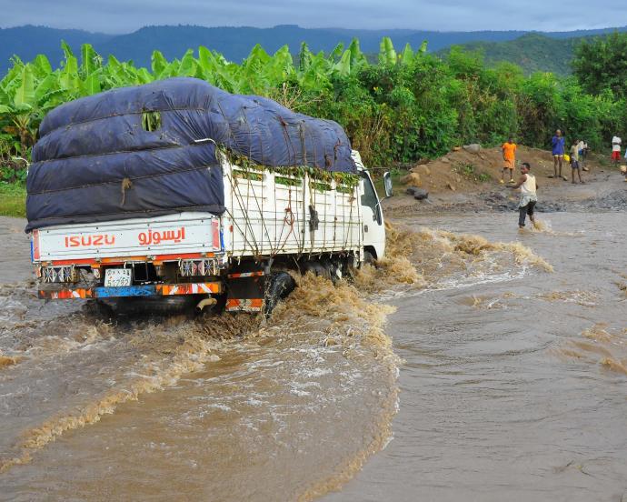 Truck stuck in flood waters on a highway in Ethiopia