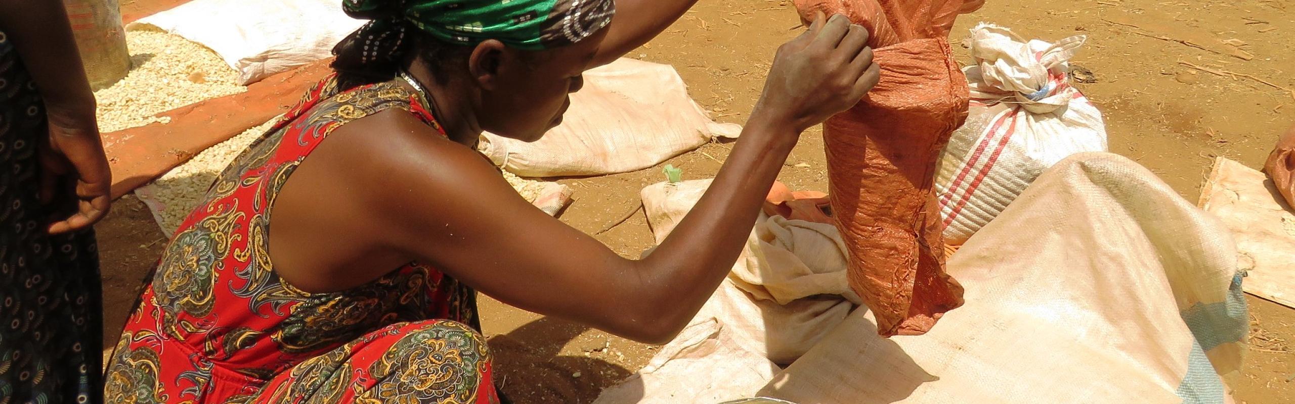 Ethiopian woman crouches on ground amid bags of maize and measures maize kernels in metal can 