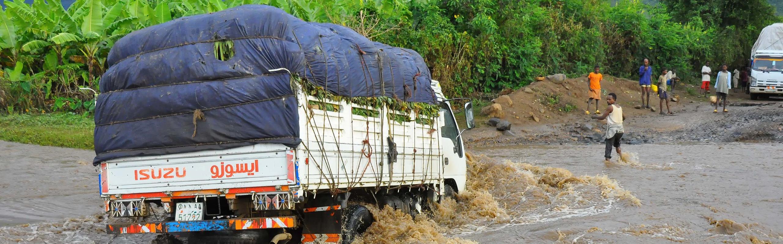 Truck stuck in flood waters on a highway in Ethiopia