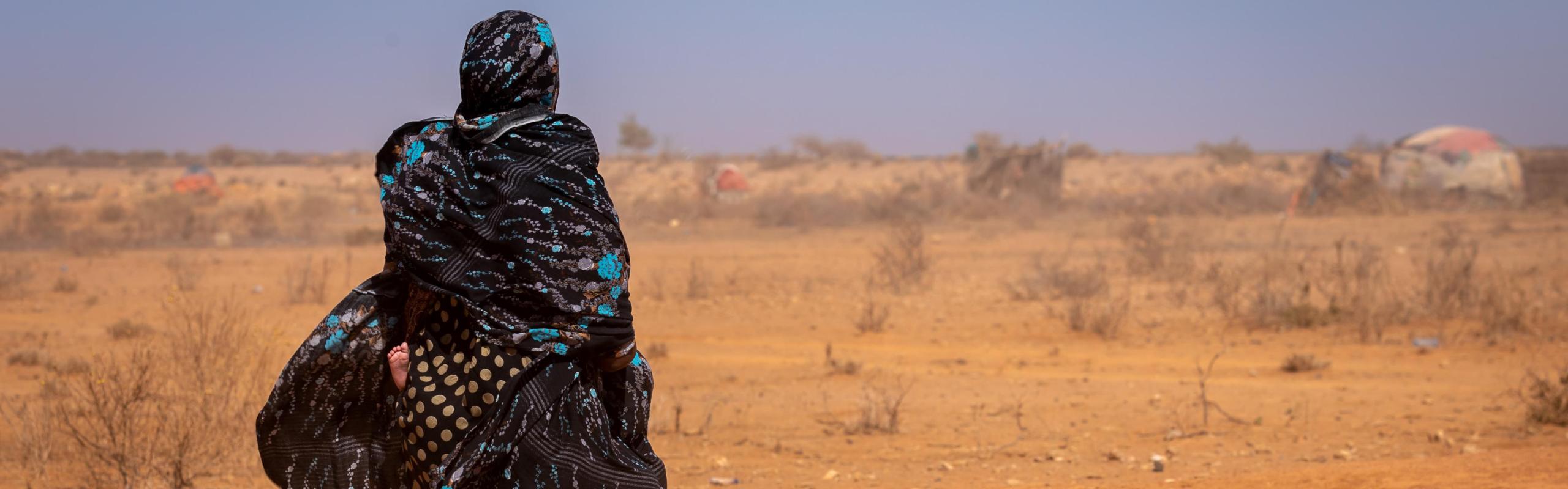  Women and children walk past animal carcasses in Sagalo village, Somali region, Ethiopia as strong wind blows dust across the horizon. 