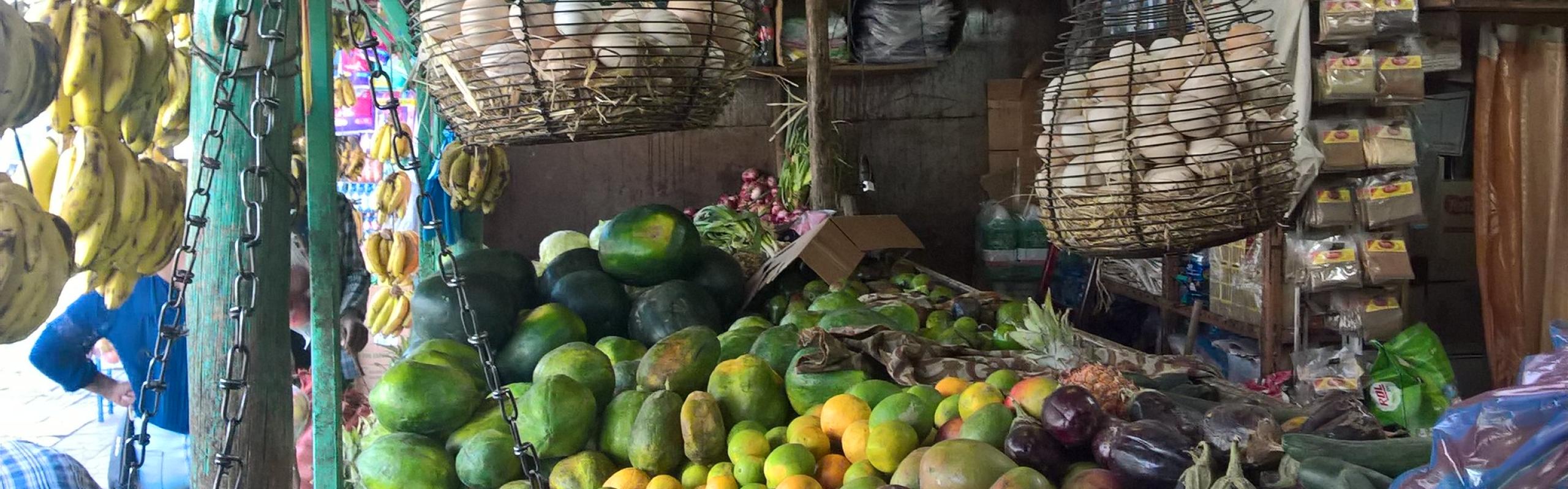Local food market in Addis Ababa Fruit and vegetables on sale alongside other food items in a local market in Addis Ababa, Ethiopia