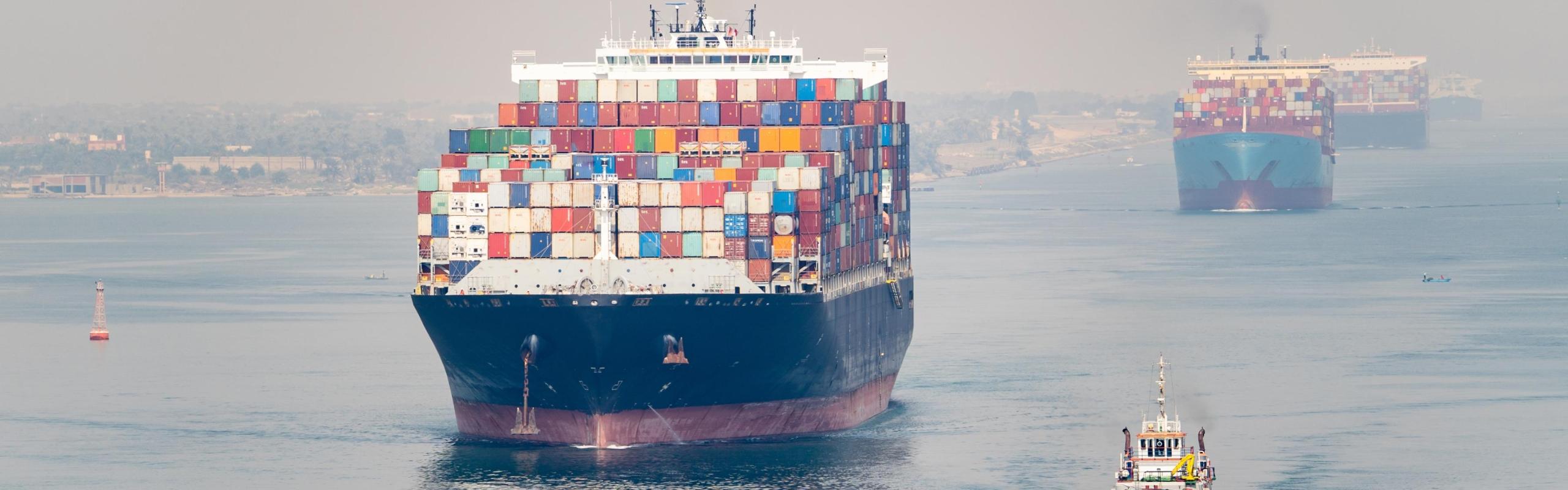 Cargo ships navigate the Suez Canal