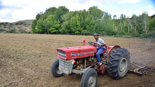 South African farmer rides on tractor across field