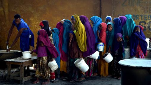 Young girls line up at a feeding centre in Mogadishu.
