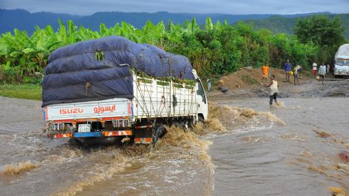 Truck stuck in flood waters on a highway in Ethiopia